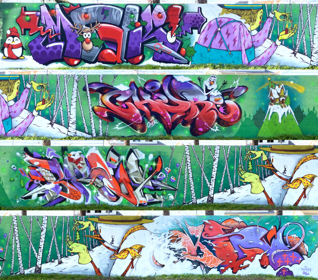 Mural da crew Thunders (Thunders ( Helio Bray, Chure Oner, Mosaik, Armando Gomes, Klit), em Belverde, Seixal